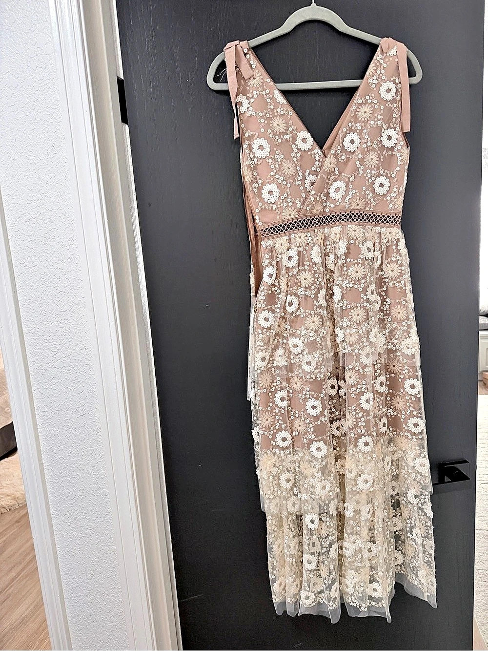 self-portrait Pink Flower Sequin Embellished Midi Dress Brown & White UK 8